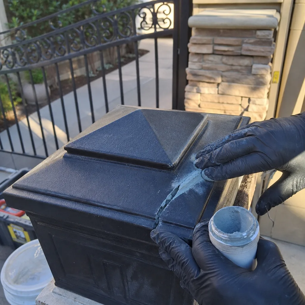 Professional technician performing gate repair on a metal post cap