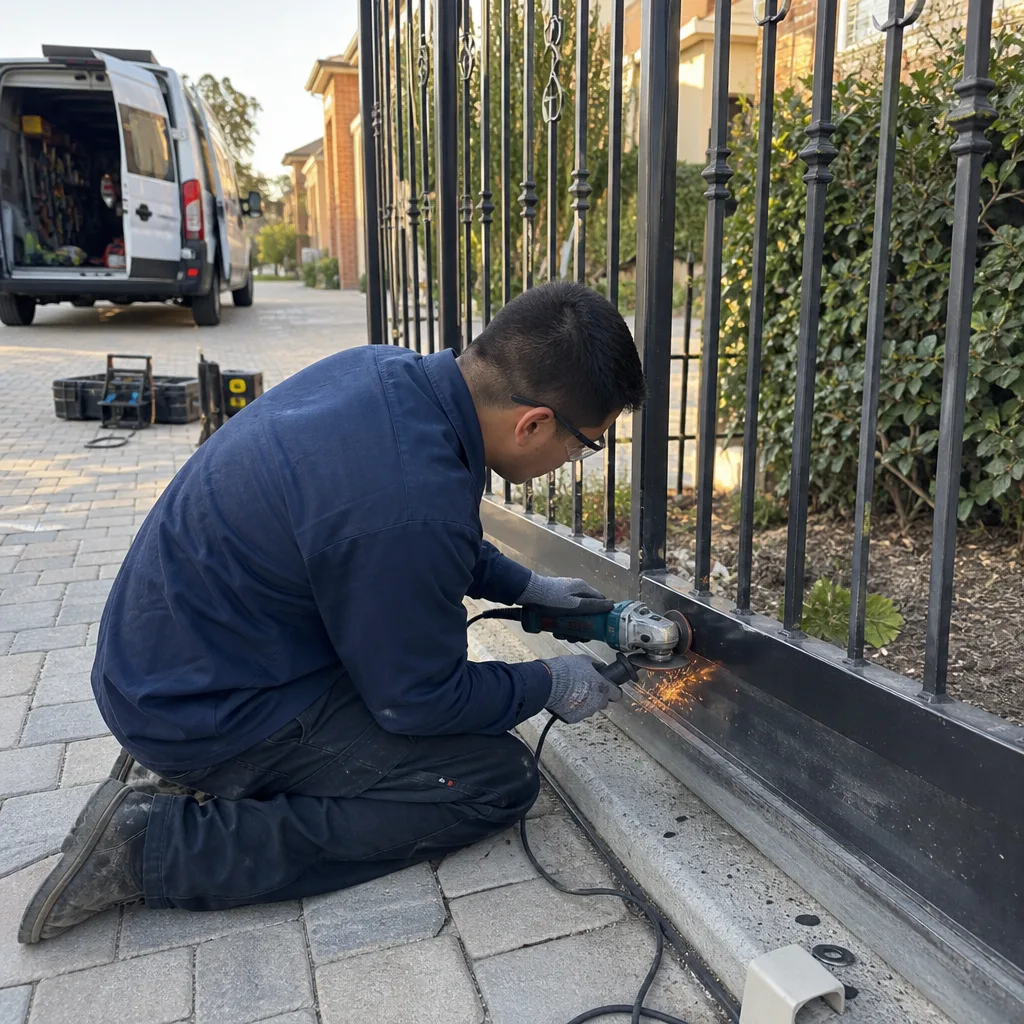 Professional technician performing on-site metal gate repair using an angle grinder