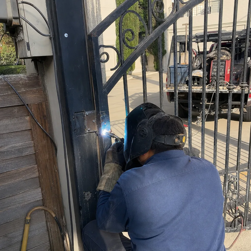 Professional welder performing onsite gate hinge repair and metal fabrication services